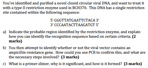 Youve identified and purified a novel closed circular viral DNA, and want to treat it with a type II restriction enzyme used