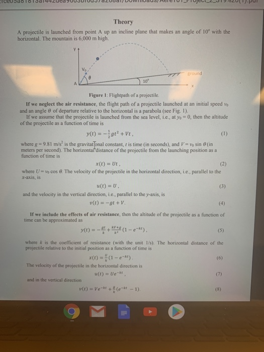 Theory A projectile is launched from point A up an incline plane that makes an angle of 10 with the horizontal. The mountain