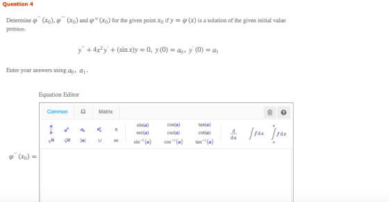 Question 4 Determine p (x0), p (x0) and p (xo) for the given point xo if y p (x) is a solution of the given initial value pro