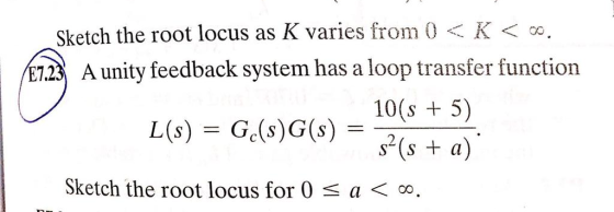 Sketch the root locus as K varies from 0 Koo 2A unity feedback system has a loop transfer function 10 (s + 5) (s + a) し(s) =