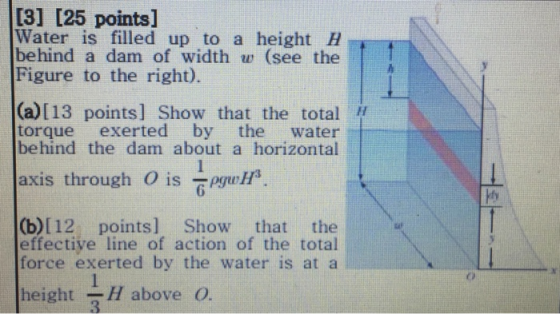 [3] [25 points] Water is filled up to a height H behind a dam of width w (see the Figure to the right). (a)[13 points] Show t