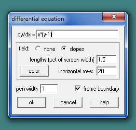 differential equation dy/dx xly-11 field Cnone slopes lengths (pct of screen width] 1.5 horizontal rows 20 color pen width 1
