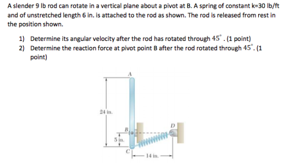 A slender 9 lb rod can rotate in a vertical plane about a pivot at B. A spring of constant k-30 lb/ft and of unstretched leng