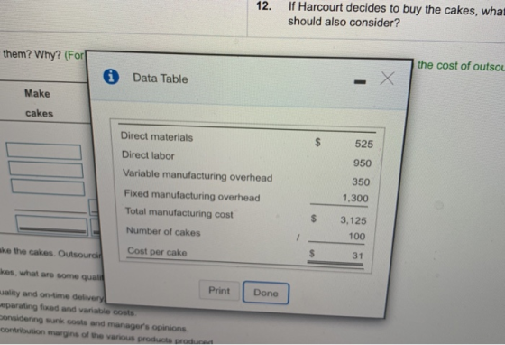 If Harcourt decides to buy the cakes, what should also consider? 12 the cost of outsou them? Why? (For Data Table Make cakes