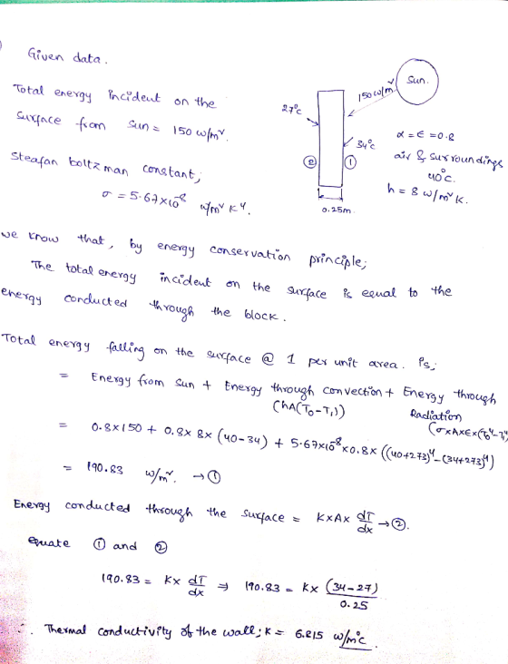 Given data Sun So colm. Total enevgy ncdeut on the 27c 34c Steafon bolz man conatant IO C o,25m ve trow taegy censervationpnp