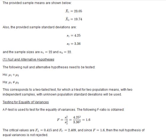 The provided sample means are shown below: 23.05 X2 19.74 Also, the provided sample standard deviations are: 14.25 82-3.36 an
