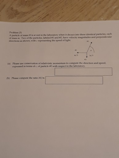 Problem (3) A particle of mass M is at rest in the laboratory when it decays into three identical particles, each of mass m.