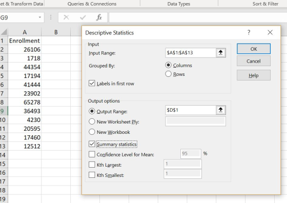 Data Types Sort & Filter et & Transform Data Queries & Connections fix G9 A B X Descriptive Statistics 1 Enrollment Input 2 2
