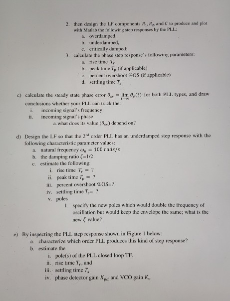 2. then design the LF components Ri. R2,and C to produce and plot with Matlab the following step responses by the PLL a. over