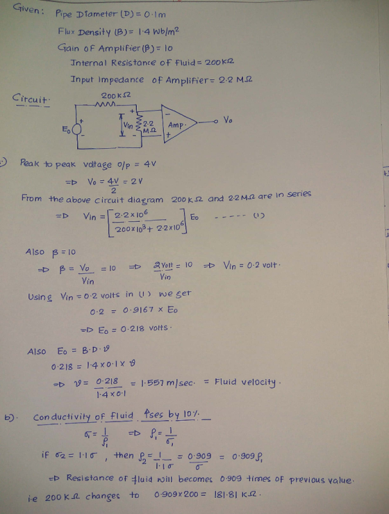Given : CTi nPipe Diameter (D) O 1m Flux Density (B) 4 wb/m2 Gain of Amplifier (β): lo Internal Resistance of Fluid 200 k2 In
