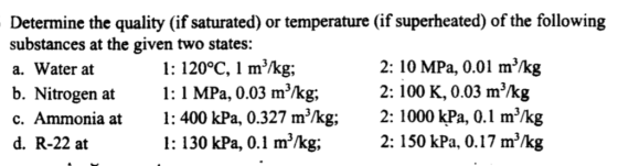 Determine the quality (if saturated) or temperature (if superheated) of the following substances at the given two states: 2: