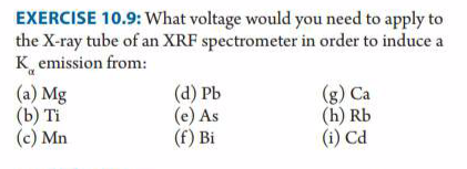 EXERCISE 10.9: What voltage would you need to apply to the X-ray tube of an XRF spectrometer in order to inducea K emission f