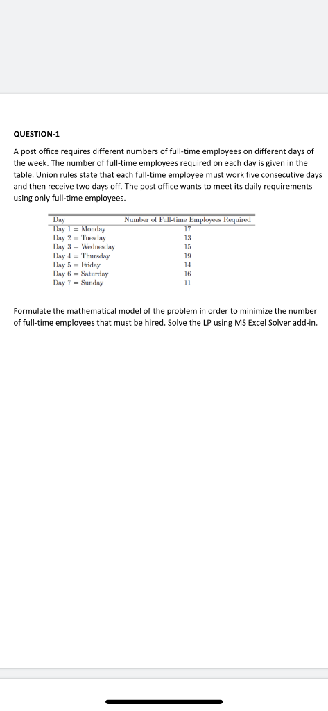 QUESTION-1 A post office requires different numbers of full-time employees on different days of the week. The number of full-
