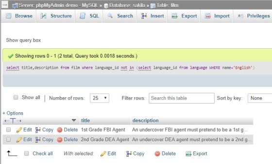Database: sakila » Server phpMyAdmin demo - MySQL Table: film Browse Structure ZInsert Privileges SQL Search Export Import Sh