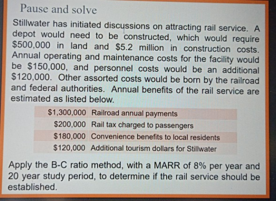 Pause and solve Stillwater has initiated discussions on attracting rail service. A depot would need to be constructed, which