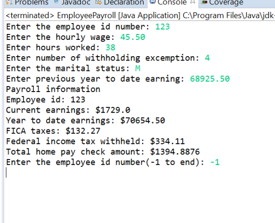 Problems Javadoc Deciaration Console Coverage terminated> EmployeePayroll [Java Application] C:\Program Files Javaljdk Enter