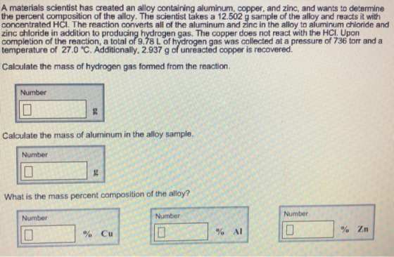 A materials scientist has created an alloy containing aluminum, copper, and zinc, and wants to determine the percent composit