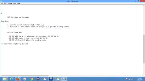 File Edit Format View Help METHOD 1(Use sum formula) Algorithm 1. Get the sum of numbers totaln(n+1)/2 2. Subtract all the nu