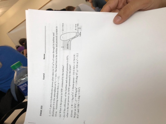 ENGR 320 Exam2 Name 1: (15+5 pts) A hydroelectric power plant takes in 25 ms of water through its turbine and discharges it