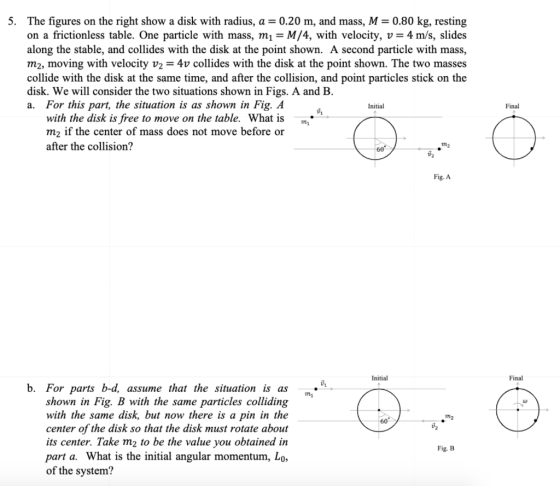 5. The figures on the right show a disk with radius, a = 0.20 m, and mass, M = 0.80 kg, resting on a frictionless table. One