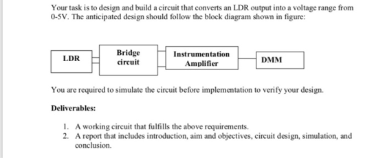Your task is to design and build a circuit that converts an LDR output into a voltage range from 0-5V. The anticipated design