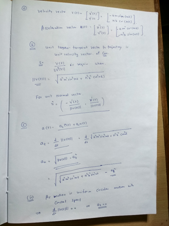 Ch) -nb sin (nt) Unit tagen-tangent vechetotraject 11 unit velocity vector , of Cer. VC+) For unit normol vecter dt Ar kno is