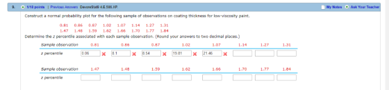 | Previous Answers DevoreStat9 4.E.506 XP . Ask Your Teacher 1/18 points My Notes Construct a normal probability plot for the