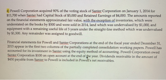 4) Powell Corporation acquired 90 % of the voting stock of Santer Corporation on January 1, 2014 for $11,700 when Santer had