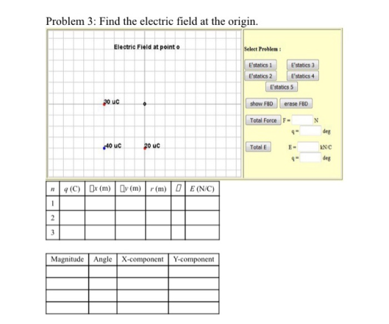 Problem 3: Find the electric field at the origin. Electric Field at pointo Select Problem : Estatics 1 Estatics 3 Estatics