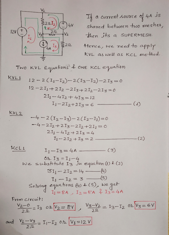 a current source ol 4A is 4v Shared between -tuoo smeshes 12V (ナ dhen its a SUPERMESH. 2 22 ttence, we need to afPlY apply 3