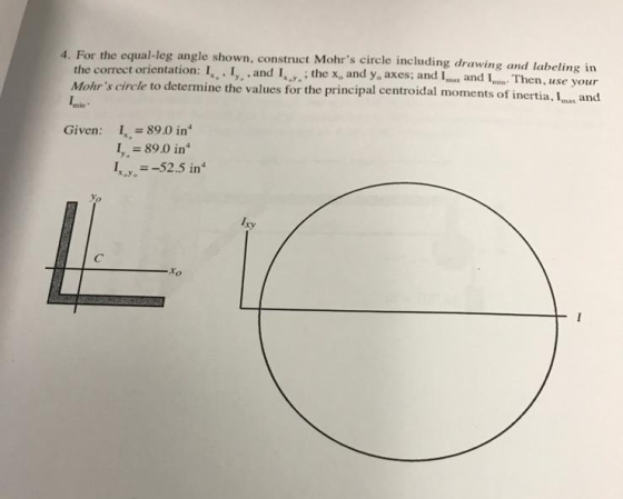 4. For the equal-leg angle shown, construct Mohrs circle including drawng and labeling in the x, and y, axes; and Ia, and In