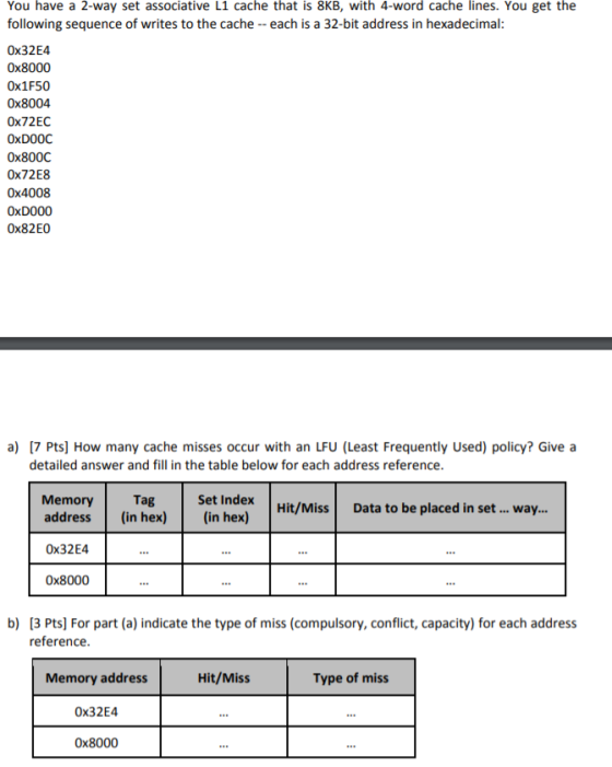 You have a 2-way set associative L1 cache that is 8KB, with 4-word cache lines. You get the following sequence of writes to t
