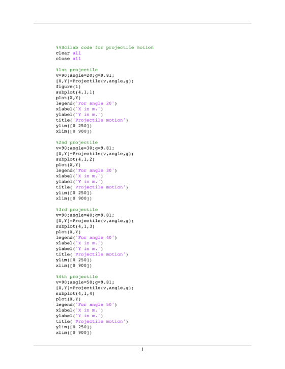 Scilab code for projectile motion clear all close all %1st projectile v90;angle-20;g=9.81; [X,Y]=Projectile (v,angle , g); su