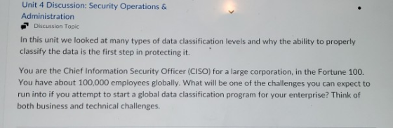 Unit 4 Discussion: Security Operations & Administration Discussion Topic In this unit we looked at many types of data classif