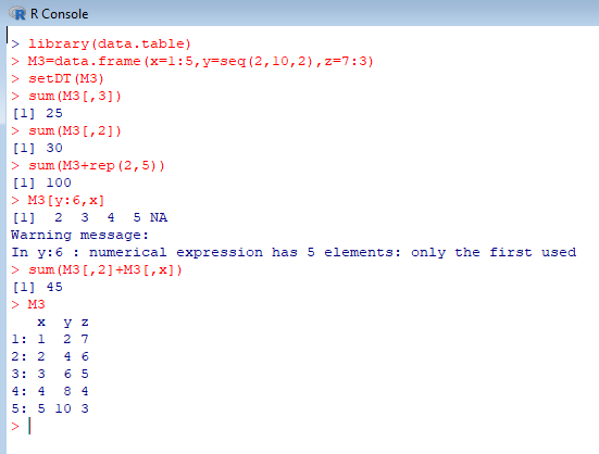 R R Console library (data.table) > M3-data. frame (x-1 : 5, y-seq ( 2, 10, 2) , z#7 : 3) > setDT (M3) sum (M3 ,3]) [1] 25 >su