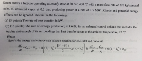 Steam enters a turbine operating at steady state at 30 bar, 400 °C with a mass flow rate of 126 kg/min and exits as saturated