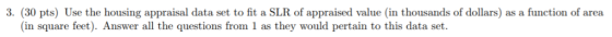 3. (30 pts) Use the housing appraisal data set to fit a SLR of appraised value (in thousands of dollars) as a function of are