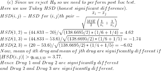 (c) Since we so we need to per form post hoc test reject Ho Tukey HSD (honest significant difference Here we use HSD(i,jHSD f