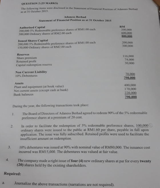 QUESTION 2 (25 MARKS) The following items were disclosed in the Statement of Financial Position of Adanees Berhad as at 31 Oc