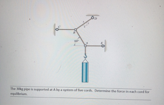 60° A The 30kg pipe is supported at A by a system of five cords. Determine the force in each cord for equilibrium.
