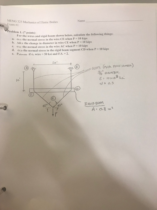 MENG 325 Mechanics of Elastic Bodies Name am #1 roblem 1. (7 points) r the wires and rigid beam show n below, calculate the f