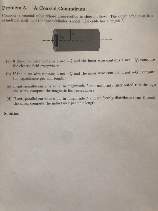 Problem 5. A Coaxial Conundrum Consider a coaxial cable whose cross-section is shown below. The outer conductor is a cylindri