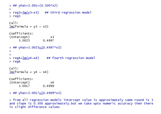 > ## yhat-3.001+ (0.500*x2) regs-1mLY3-x3) ## third regression model > > reg3 Cal1; In (formula = y3 ~ x3) coefficients: (Int