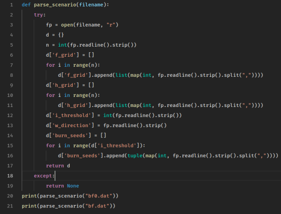 1 def parse_scenario(filename): 2 3 try: r) open(filename , fp = nint (fp.readline().strip)) d[f grid] [ for i in range(n