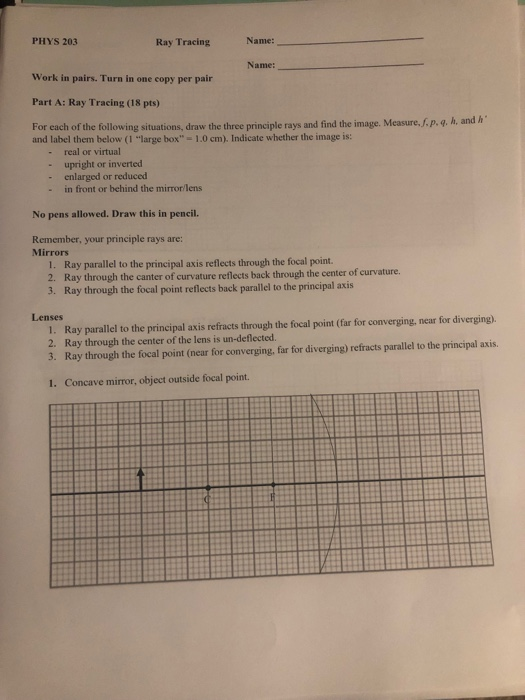 PHYS 203 Name: Ray Tracing Name: Work in pairs. Turn in one copy per pair Part A: Ray Tracing (18 pts) For each of the follow