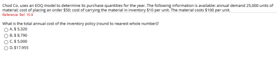 Chod Co. uses an EOQ model to determine its purchase quantities for the year. The following information is available: annual