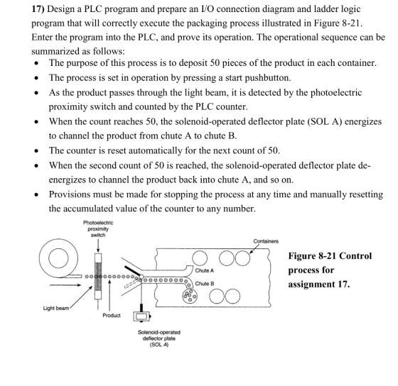 17) Design a PLC program and prepare an I/O connection diagram and ladder logic program that will correctly execute the packa