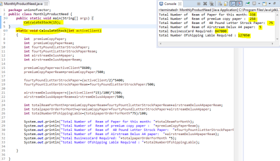 MonthlyProductNeedjava X 1 package unionofvector; Console 3 2 public class MonthlyProductNeed 4. 6 static void Calculatestock