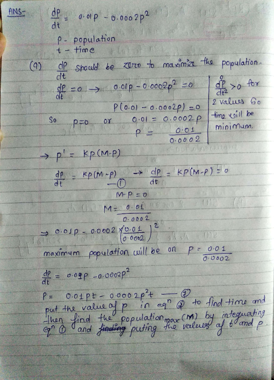 ANS dp 0 01 P 6.0002 dt P- population time (a) ClP Spould be ro to maximiz tha populahon clt fox 0lp 0 0002p d o- dt dt2 2 va