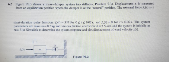63 Figure P6.3 shows a mass-damper system (no stiffness, Problem 2.3). Displacement x is measured from an equilibrium positio